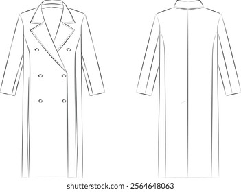 Illustration of women's fashion clothing, coat, raincoat, trench coat, scheme, vector technical sketch