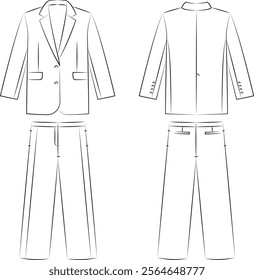 Illustration of women's fashion clothing, jacket, shirt, pants, women's suit, office style, vector tech sketch