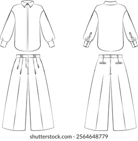 Illustration of women's fashion clothing, jacket, shirt, pants, women's suit, office style, vector tech sketch