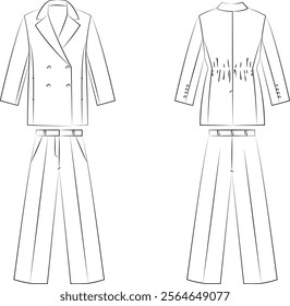 Illustration of women's fashion clothing, jacket, shirt, pants, women's suit, office style, vector tech sketch