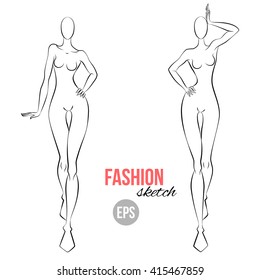 Illustration of women's figure for designers of clothes. Outline girl model template for fashion sketching. Vector illustration.