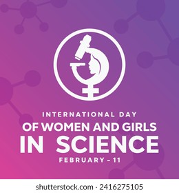 Ilustración del Día de la Mujer y la Niña en la Ciencia. Símbolo femenino en combinación con microscopio. Fondo con colores de gradiente rosa y violeta. Ilustración del vector