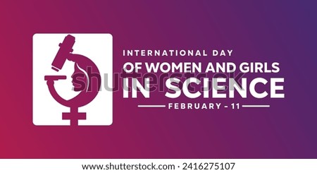 Illustration of Women's and Girls' Day in Science. Female symbol in combination with microscope. Background with pink and dark purple gradient colors. Vector illustration