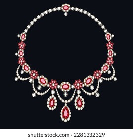 Illustration of women's gold jewelry necklace with rubies - Shutterstock ID 2281332329