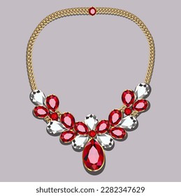 Illustration of women's gold jewelry necklace with rubies