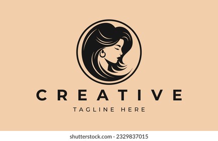 Illustration of women's hairstyle icon, logo with women's face. Vector beauty concept.