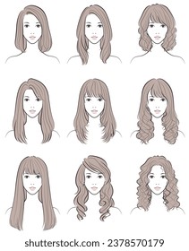 Illustration of women's hairstyles. Variations of hairstyles.