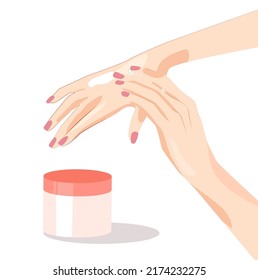 Illustration of women's hands and cream. The girl applies cream to her hands Radom stands a jar with cosmetic product, tonic, serum or hand oil. The concept of self-care. Hand cleansing and antiseptic