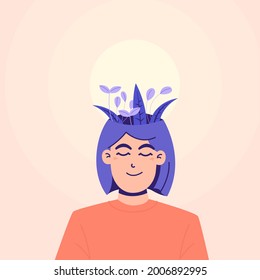 Illustration Of Women's Mental Health Concept. Dealing With Anxiety In Lockdown. Maintain Mental Health. Love Yourself. Girl With Open Head Blossom Plant Show Happiness. Cute Concept Vector