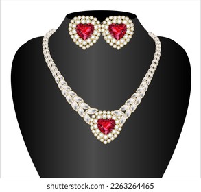 Illustration of women's necklace and earrings with ruby ​​heart