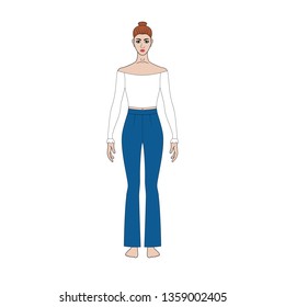 Illustration of women's shirt, pants, jacket, jeans, coat, blouse. Office or school capsule wardrope. Casual style. Romantic. Technical drawing