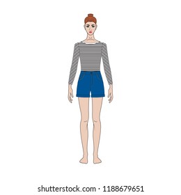 Illustration of women's  shirt and shorts. basic minimalist capsule wardrope. Casual style. Technical drawing