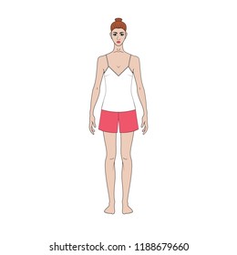 Illustration of women's  shirt and shorts. basic minimalist capsule wardrope. Casual style. Technical drawing