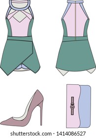 Illustration of women's short jumpsuit, classic shoes and handbag. Summer fashion set for women.