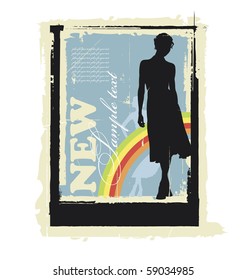 Illustration women's silhouettes. Behind them is a rainbow. Near this area there are a field for text.
