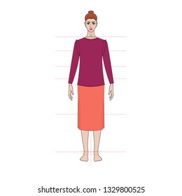 Illustration of women's skirt, shirt. capsule wardrope. Casual style. Technical drawing. Coral and red colors for spring, summer