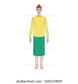 Illustration of women's skirt, shirt,  jacket, dress. capsule wardrope. Casual style. Technical drawing. Green and yellow colors for spring, summer. 