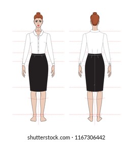 Illustration of women's skirt and shirt. Office capsule wardrope. Technical drawing