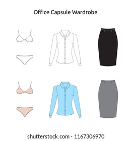 Illustration of women's skirt and shirt. Office capsule wardrope. Technical drawing