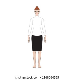 Illustration of women's skirt, shirt, pants. Office or school capsule wardrope. Casual style. Technical drawing