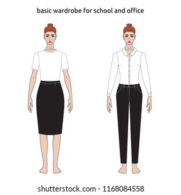 Illustration of women's skirt, shirt, pants. Office or school capsule wardrope. Casual style. Technical drawing