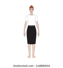 Illustration of women's skirt, shirt, pants. Office or school capsule wardrope. Casual style. Technical drawing