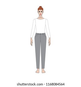 Illustration of women's skirt, shirt, pants. Office or school capsule wardrope. Casual style. Technical drawing