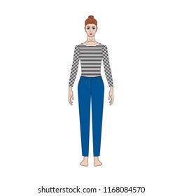 Illustration of women's skirt, shirt, pants. Office or school capsule wardrope. Casual style. Technical drawing