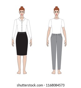 Illustration of women's skirt, shirt, pants. Office or school capsule wardrope. Casual style. Technical drawing