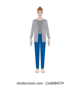 Illustration of women's skirt, shirt, pants. Office or school capsule wardrope. Casual style. Technical drawing