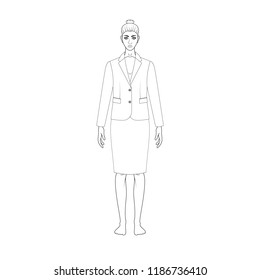 Illustration of women's skirt, shirt, pants, jacket, jeans, dress. Office or school capsule wardrope. Casual style. Technical drawing