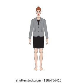 Illustration of women's skirt, shirt, pants, jacket, jeans, dress. Office or school capsule wardrope. Casual style. Technical drawing