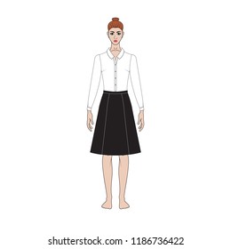 Illustration of women's skirt, shirt, pants, jacket, jeans, dress. Office or school capsule wardrope. Casual style. Technical drawing