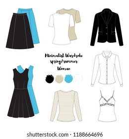 Illustration of women's skirt, shirt, shorts, pants, jeans, t-shirt, longsleeve, cardigan, jacket, jerseys, singlet. Minimalist Basic capsule wardrobe. Casual style. Technical drawing. Spring summer