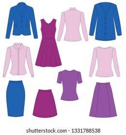 Illustration of women's skirt, shirt, shorts, pants, jeans, t-shirt, longsleeve, cardigan, jacket, jerseys, singlet. Minimalist Basic capsule wardrobe. Casual style. Technical drawing. Spring summer
