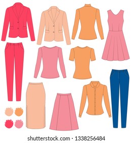 Illustration of women's skirt, shirt, shorts, pants, jeans, t-shirt, longsleeve, cardigan, jacket, jerseys, singlet. Minimalist Basic capsule wardrobe. Casual style. Technical drawing. Spring summer