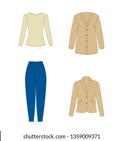 Illustration of women's skirt, shirt, shorts, pants, jeans, t-shirt, longsleeve, cardigan, jacket, jerseys, singlet. Minimalist Basic capsule wardrobe. Casual style. Technical drawing. Spring summer