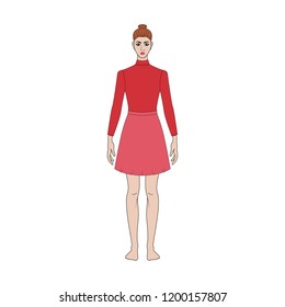 Illustration of women's skirt, shirt. Trend capsule wardrope. Red and pink colors. Casual style. Technical drawing