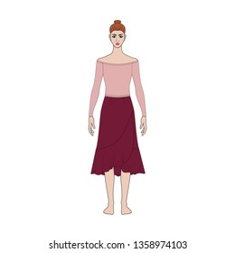 Illustration of women's skirt, shirt. Trend capsule wardrope.  Casual style, romantic. Technical drawing