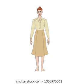 Illustration of women's skirt, shirt. Trend capsule wardrope.  Casual style, romantic. Technical drawing