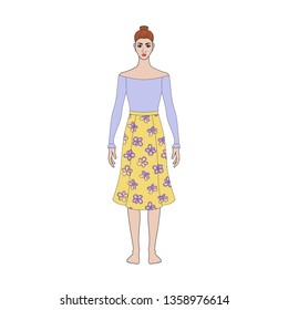 Illustration of women's skirt, shirt. Trend capsule wardrope.  Casual style, romantic. Technical drawing