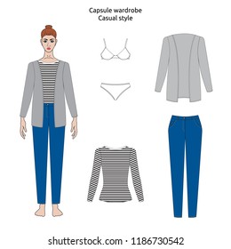 Illustration of women's skirt, shirt, underwear, pants, jeans, t-shirt, longsleeve, cardigan, jacket. Office or school basic capsule wardrobe. Casual style. Technical drawing