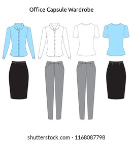 Illustration of women's skirt,shirt, underwear, pants, jeans, t-shirt, longsleeve, cardigan. Office or school capsule wardrobe. Casual style. Technical drawing