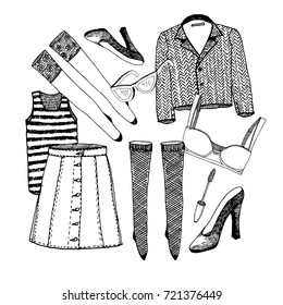 Illustration of women's wardrobe. Doodle sketch. Female clothes and accessories. Vector illustration.