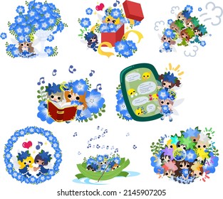 Illustration of wonderful daily life of cute small flower fairies and nemophila fairies