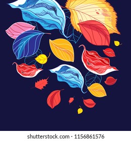 Illustration of a wonderful multi-colored leaf fall on a blue background