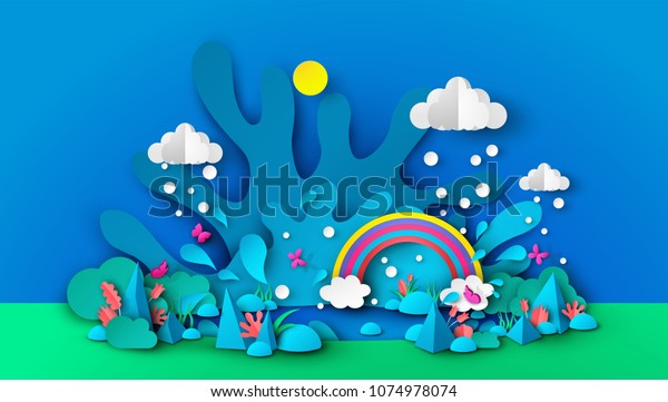 梅雨時の素晴らしい池のイラスト 水しぶき 雨 虹 花 植物 草 蝶