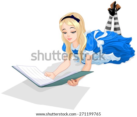 Illustration of Wonderland Alice reading a book 