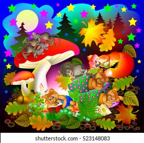 Illustration of wonderland night landscape with sleeping animals. Vector cartoon image.