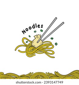 Illustration wonton noodles with chopsticks, asian noodles